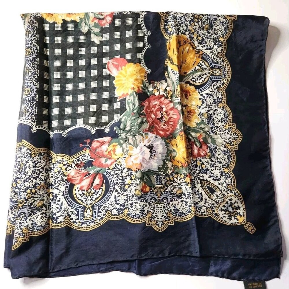 Vtg silk scarf San You Floral Checkered Navy Multicolor Square cottagecore fairy